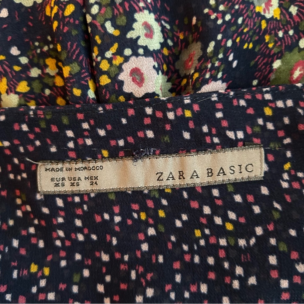 ZARA Womens Navy Blue Floral Chiffon Front Tie Top Balloon Sleeve Size XS/ S - Picture 10 of 10
